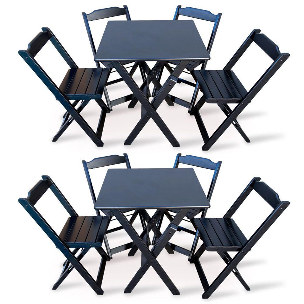 Kit 2 Jogos De Mesa Dobravel Com 4 Cadeiras Dobráveis De Madeira 70x70 Cm Preto Tarimatã