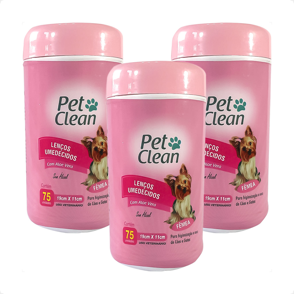 Kit 3 Lenços Umedecidos Fêmea Pet Clean para Cães e Gatos - 75 Unidades em Oferta na Shopee