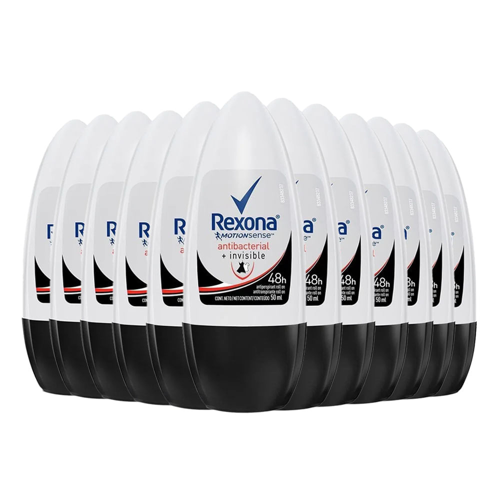 Kit Desodorante Roll On Rexona Feminino Antibacterial Invisible 50ml - 12 Unidades - Beauty