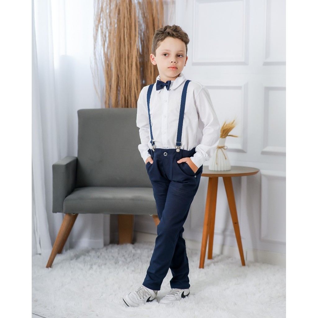 Conjunto Roupa Social Calça Azul Camisa Branca Gravata Suspensório Infantil Pajem Formatura Casamento Festa Batizado