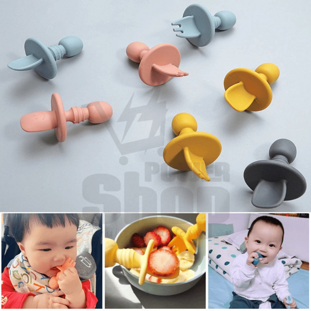Kit Colher e Garfo De Silicone Para Bebe Cabo Curto Treinamento De Alimentação Do Bebê
