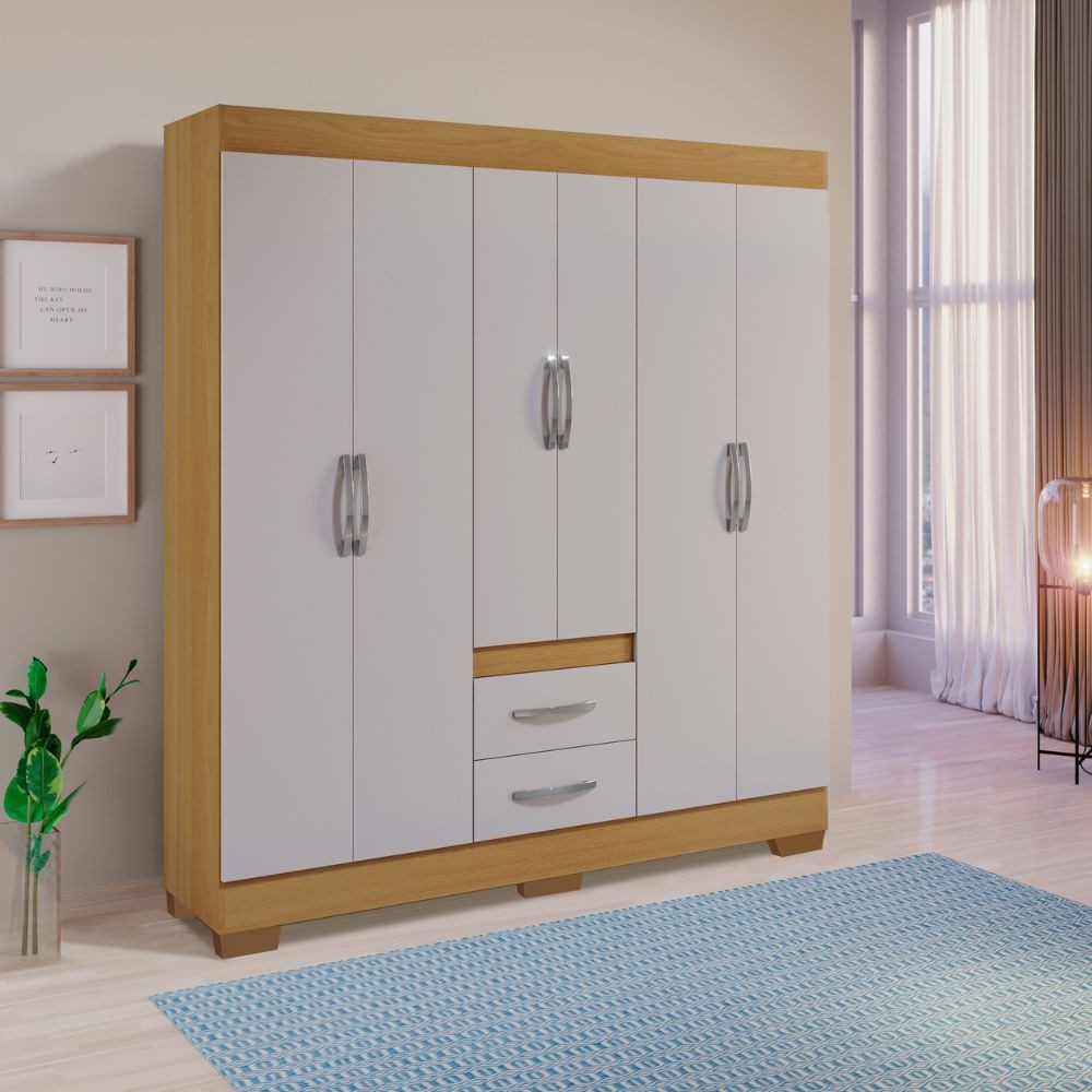 Guarda-Roupa Casal 6 Portas 2 Gavetas Peroba/Off White RP154 Rei Móveis em Oferta na Shopee