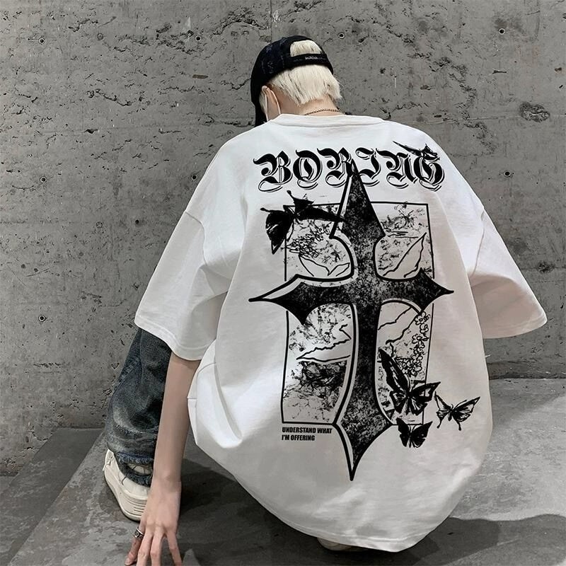 2025 Novo Camisa Oversize com Letras e Estampa em Roxo e Preto Grunge Streetwear Estilo