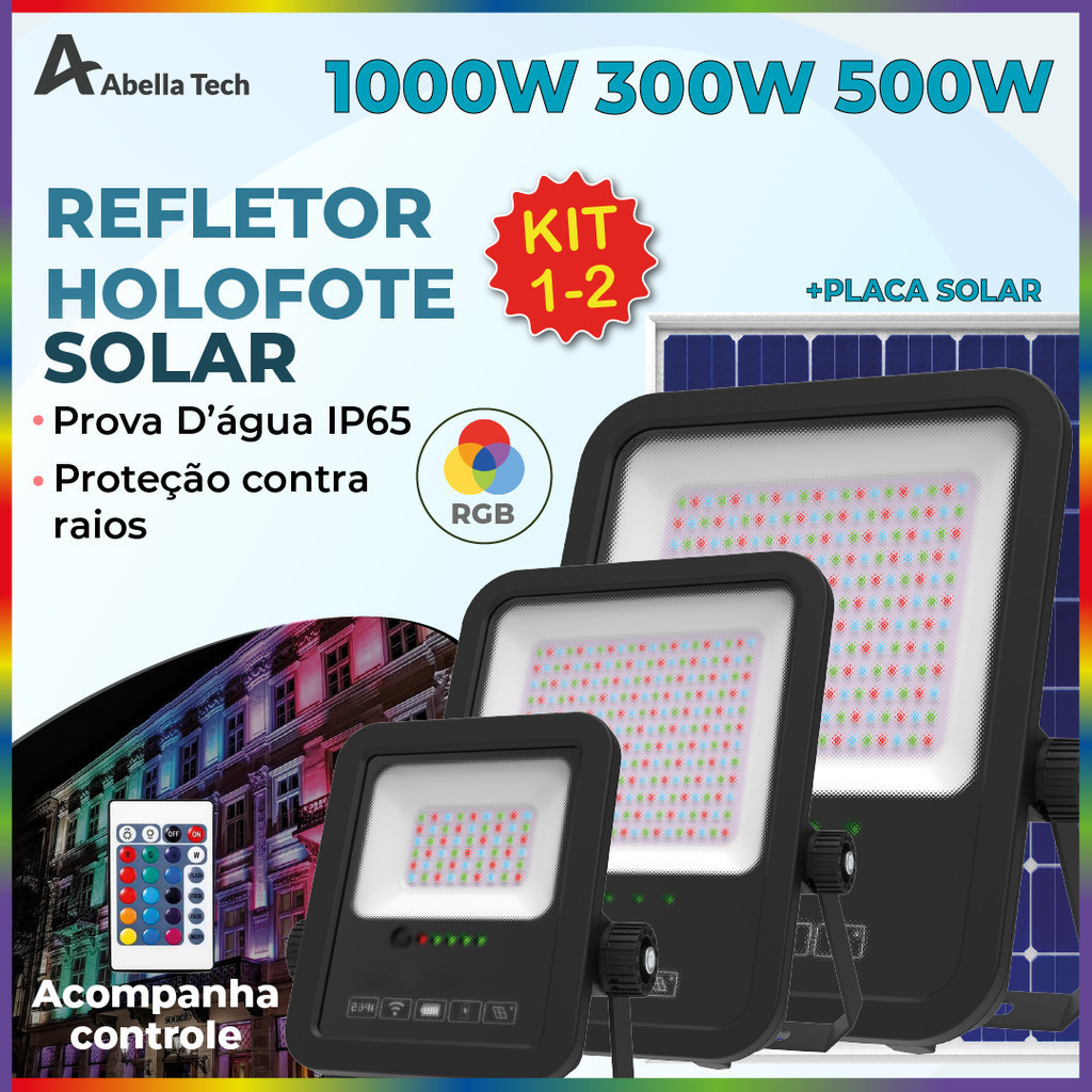 Kit 2 Holofote Refletor Led RGB 1000W 500W 300W Solar Prova D'àgua placa Solar p/ Ambientes Externos