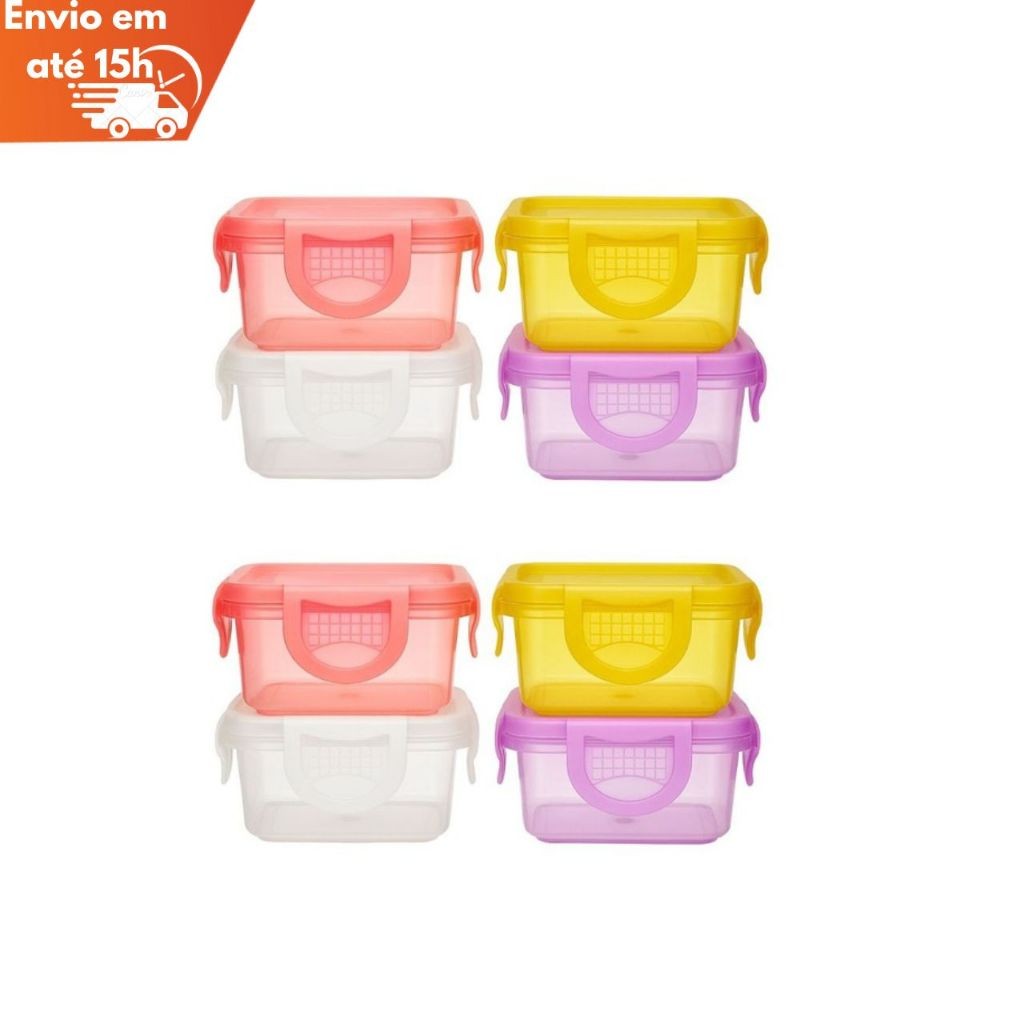 Kit 4/8/12/ 16 Potes Plástico Vasilha Com Tampa hermética Mini Variadas Cores Armazenar Comida Frutas e Papinha