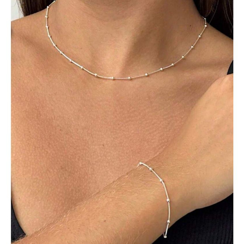Kit Colar + Pulseira de bola Tifanny delicado banhado a ouro 18K a prata 925 em Oferta na Shopee