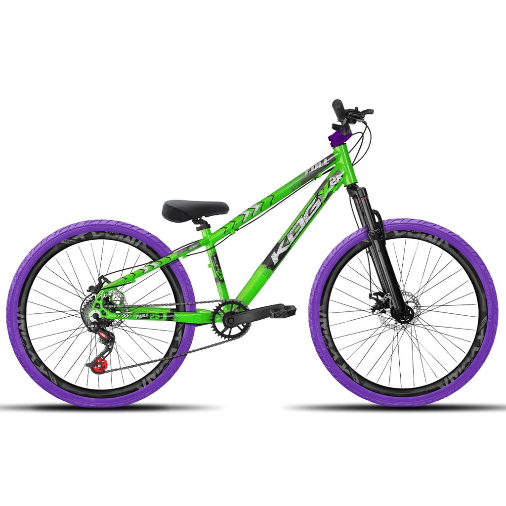 Bicicleta aro 26 KOG Freeride 1x7 Verde Vmaxx Preto Fosco - Pneus Roxo - Mesa Curta Roxa - Guidão Preto
