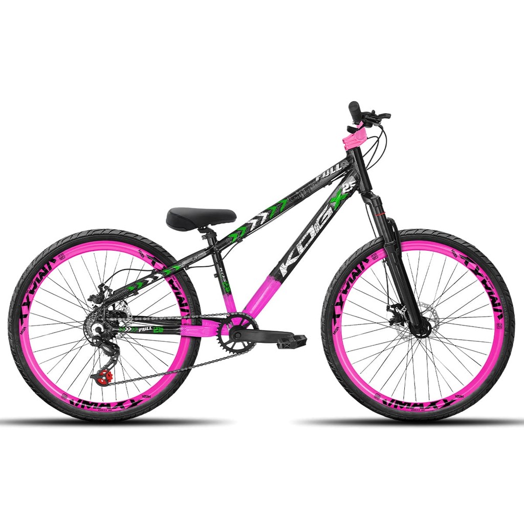 Bicicleta aro 26 KOG Freeride 1x7 Preto Rosa e Verde Vmaxx Rosa - Pneus Preto - Mesa Curta Rosa - Guidão Rosa