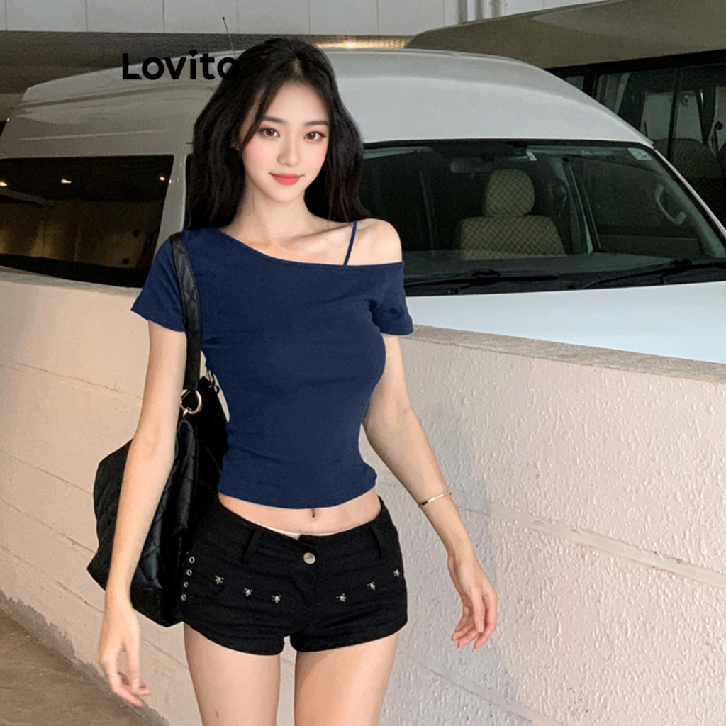 (Trendy) Lovito Camiseta Fofa Lisa Assimétrica Para Mulheres L122AD018