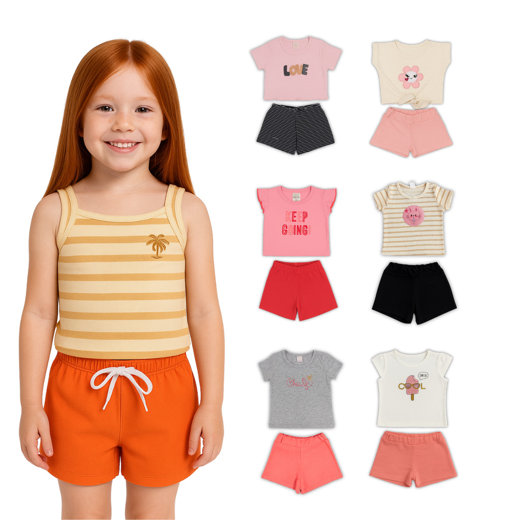 Kit 10 Peças Sortidas Conjunto Infantil Bordado Roupa Feminina Menina Estação Verão Primavera
