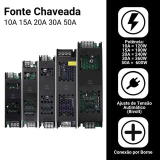 Fonte Chaveada 12v/24v 5A|10A|20A|30A|50A Capa Preta P/ Cftv Fita Led Som Automotivo Bivolt