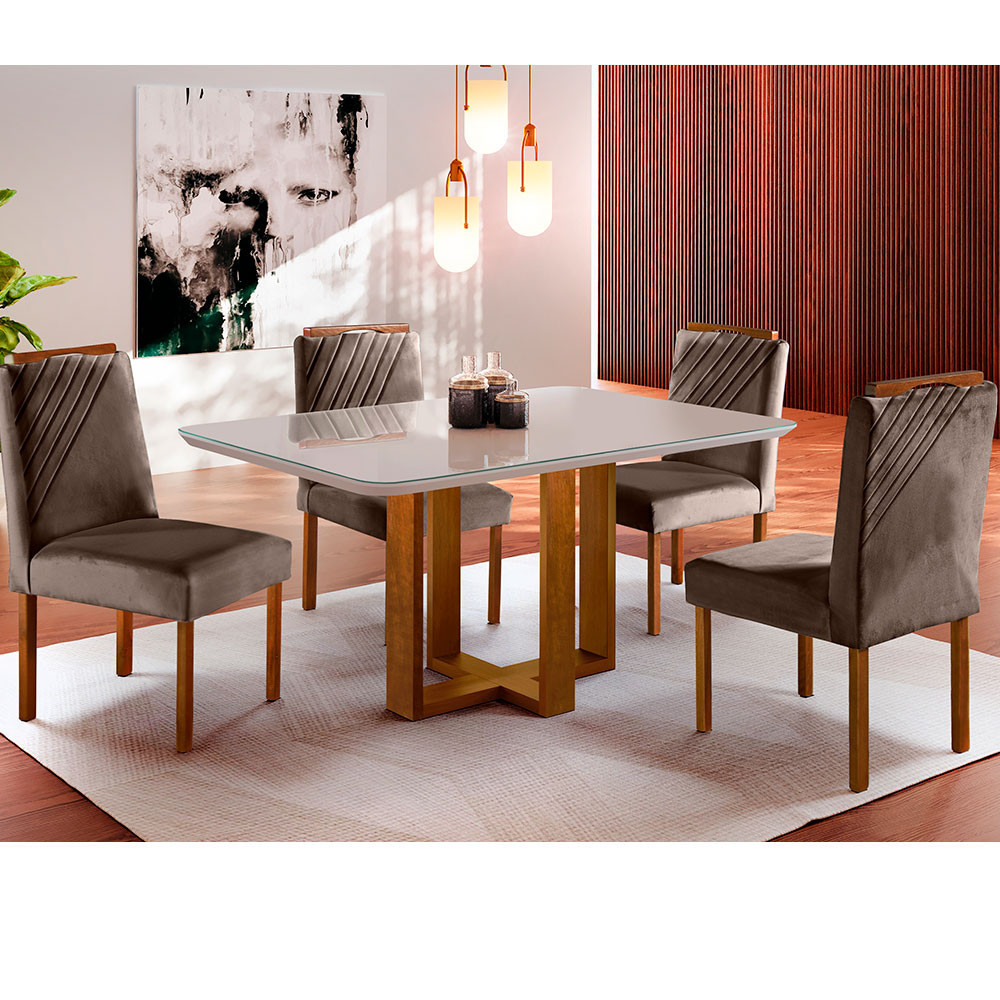 Conjunto Sala de Jantar 4 Lugares em Madeira Maciça Mesa Lisy Tampo em Vidro e Cadeiras Imperatriz Marrom Burguês