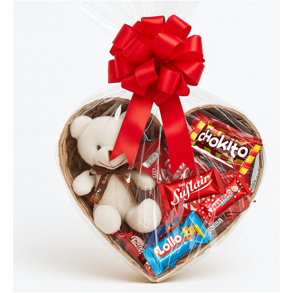 Cesta De Coração mdf presente / Com Chocolates e ursinho pelúcia cafe da manhã namorada em Oferta na Shopee