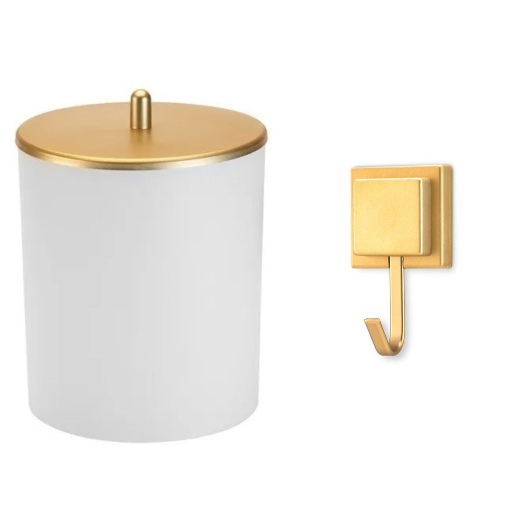 Kit Gancho Porta Toalha e Lixeira Escritorio Branco Dourado