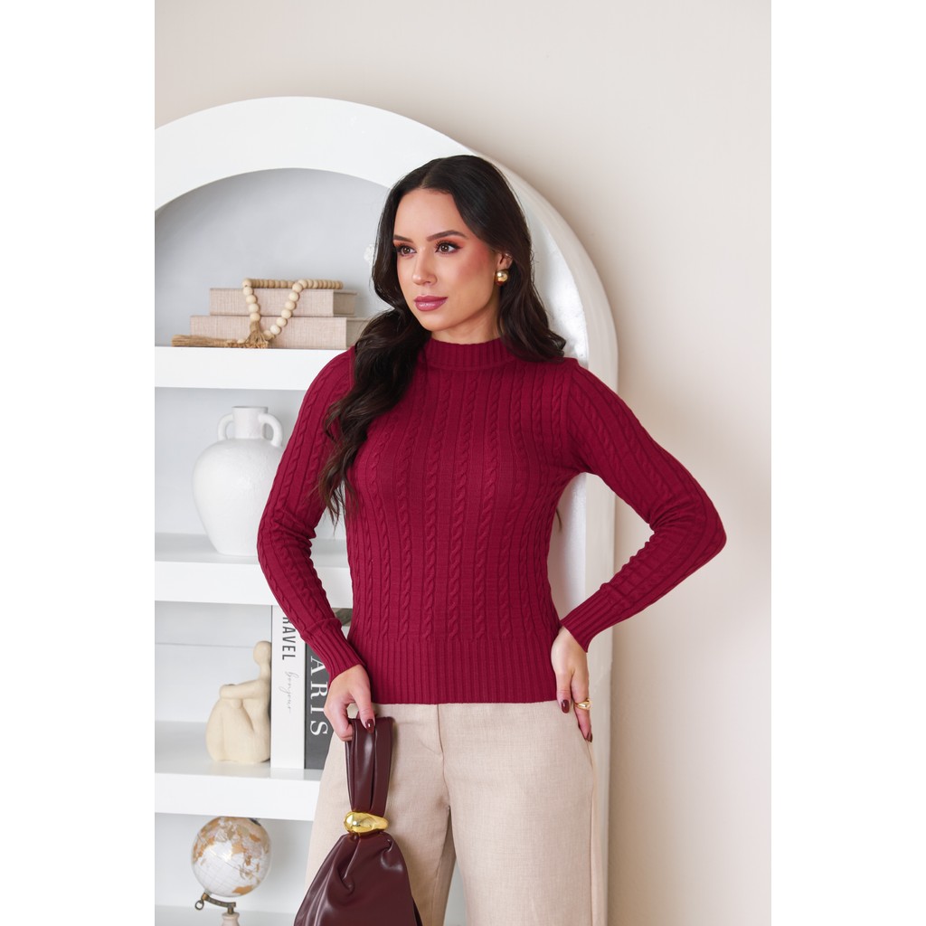 Blusa Feminina Tricô Modal Trancinha Manga Longa Gola Redonda Justa Versátil Confortável