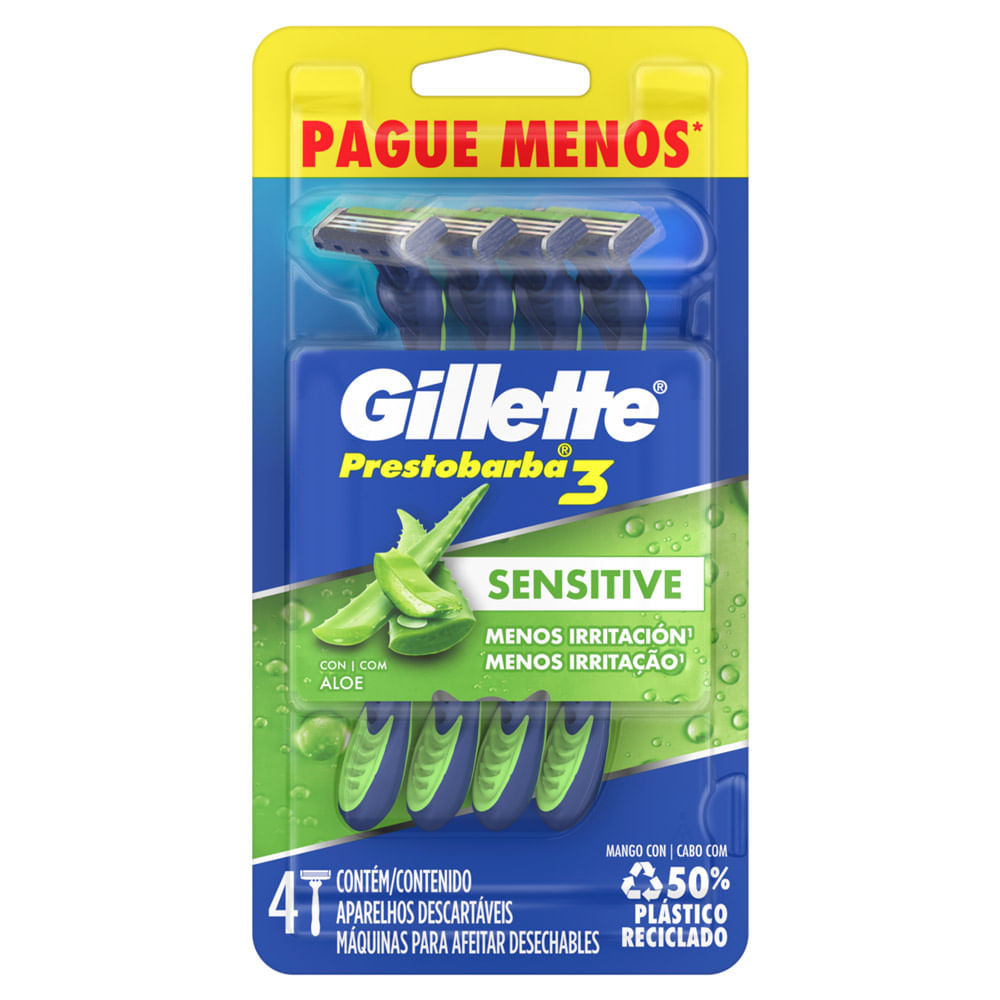 Aparelho de Barbear Gillette Prestobarba3 Sensitive Descartável com 4 Unidades - Beauty