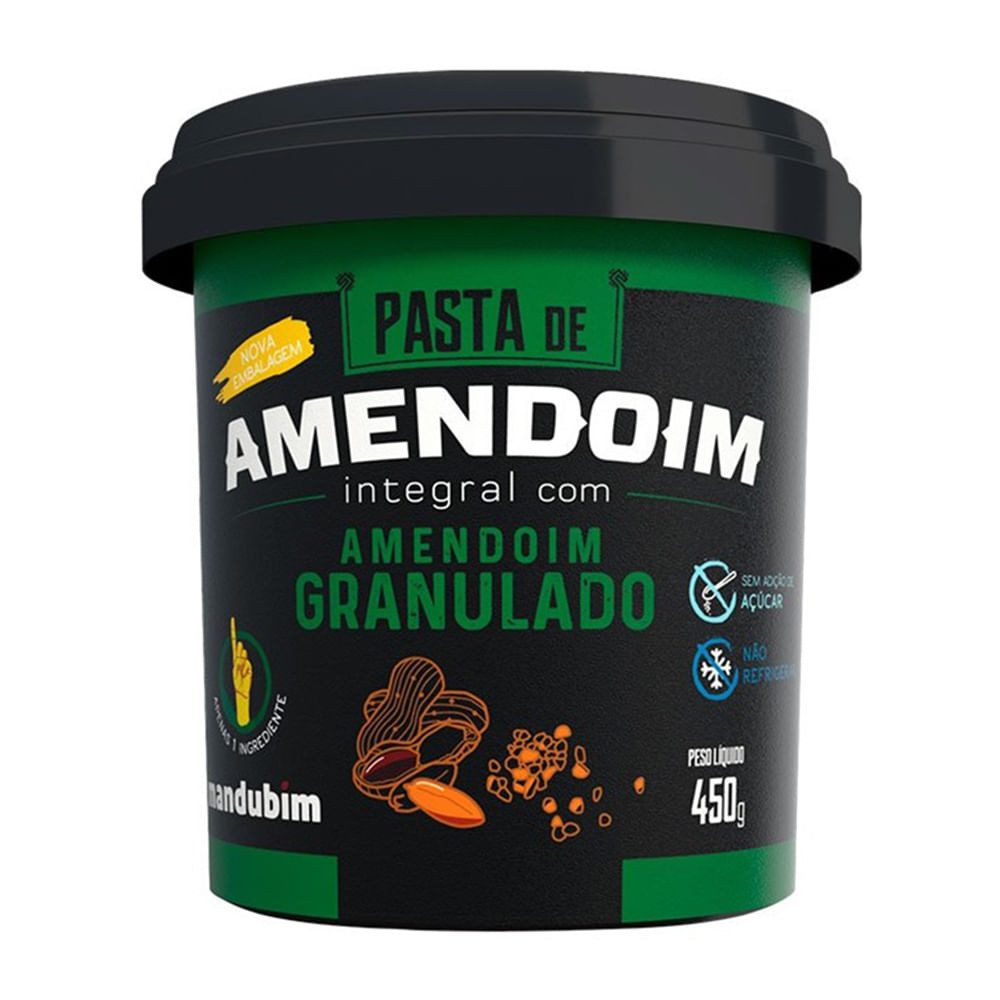 Pasta de Amendoim Integral Mandubim com Amendoim Granulado Sem Açúcar 450g - Food & Beverages