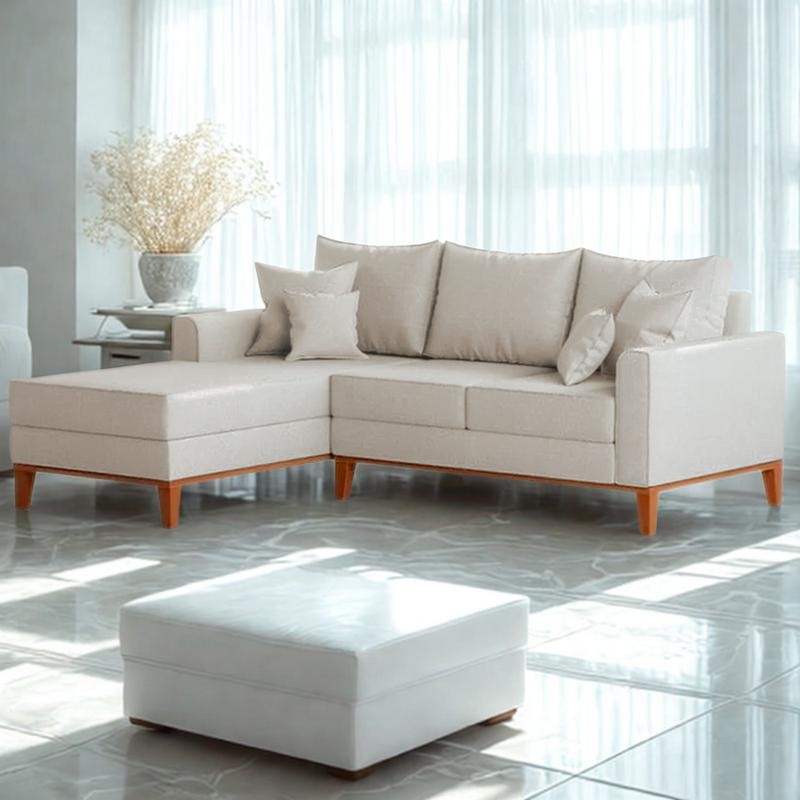 Sofá 3 Lugares Beny com Chaise Esquerdo Linho Bege