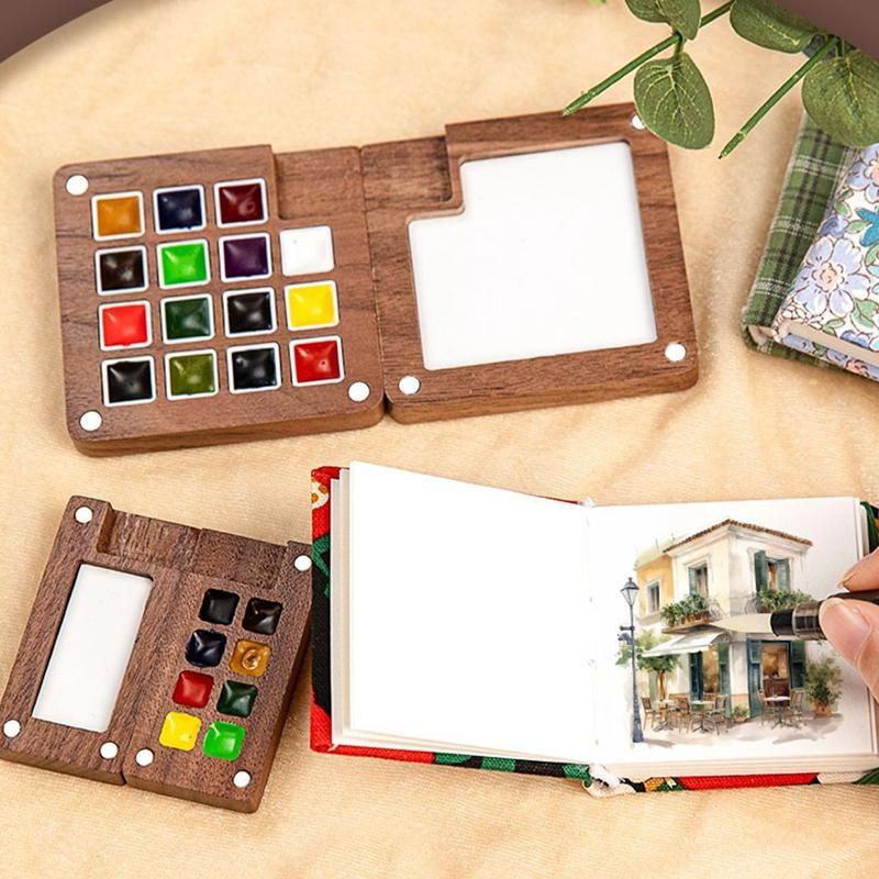 Decorador Mini Paleta De Aquarela De Madeira De Nogueira Caixa De Pintura Portátil Com Clipe Bandeja De Viagem Supriment