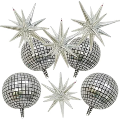 Kit c/ 4 Balão Globo Orbis Quadriculado Prateado 60cm + 4 Balão Estrela Sputnik Prata 55cm 14 Pontas