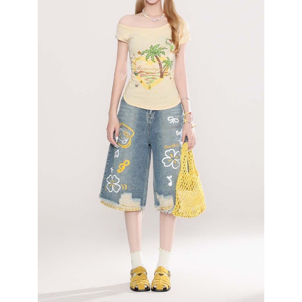 Retro Dos Desenhos Animados Graffiti Rasgado Impressão Jeans Para O Verão Feminino Novo Estilo High-end Solto Perna Larg — imagem 2 de 2