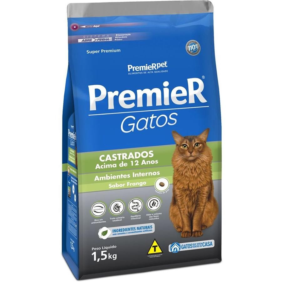 Ração Seca Premier Gatos Ambientes Internos Frango Para Gatos Castrados Acima De 12 Anos 1,5Kg em Oferta na Shopee