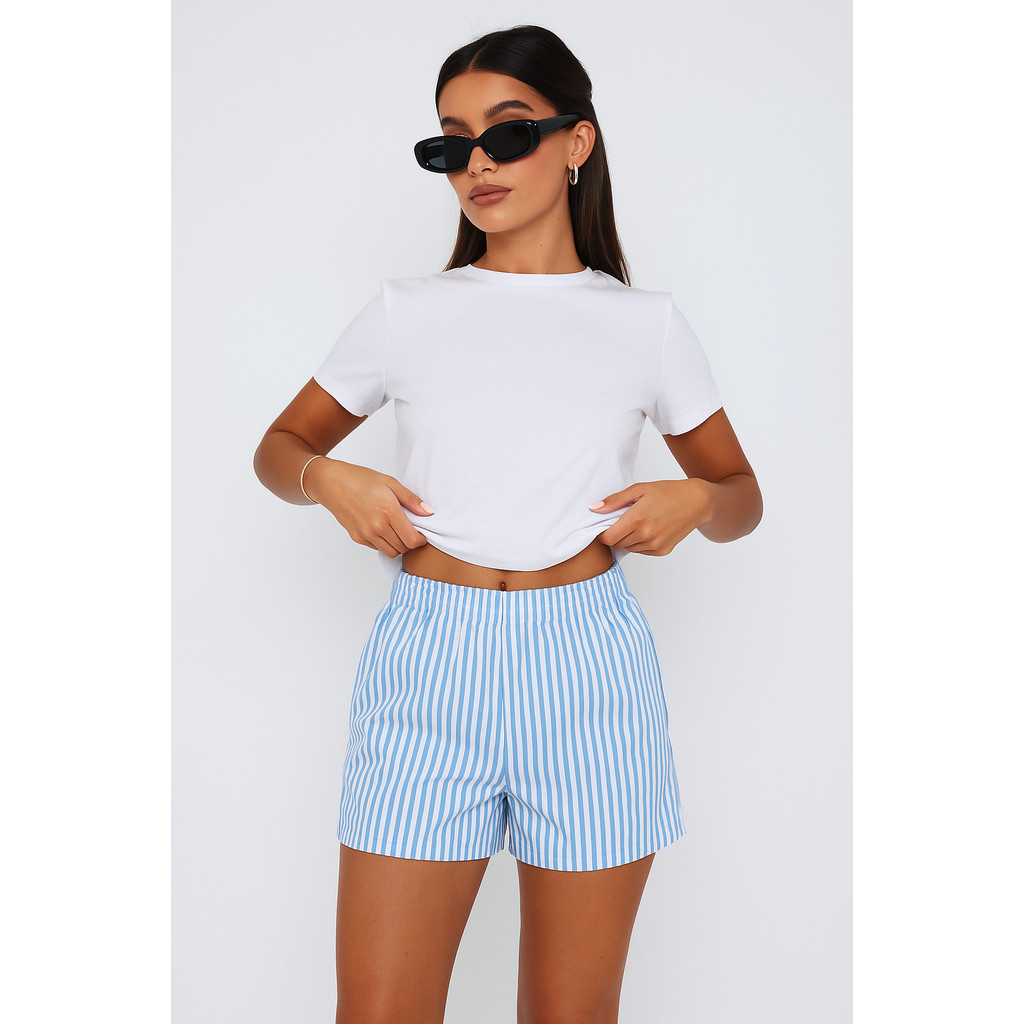Short Feminino Listrado Cintura Alta em Oferta na Shopee