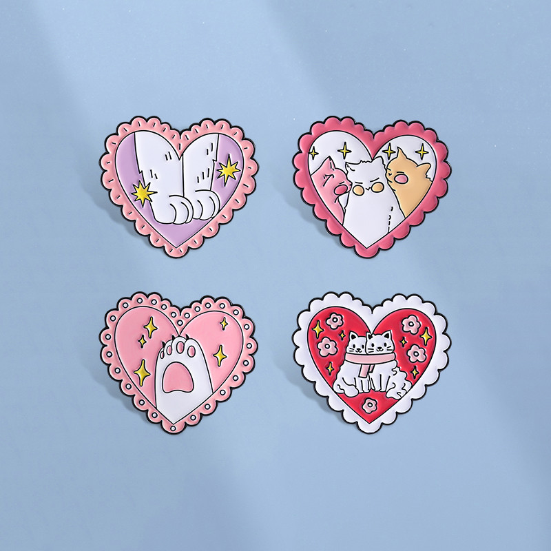 Rosa Bonito Amor Gato Esmalte Pino Coração Pata De Kawaii Kitty Broche Dos Desenhos Animados Emblemas Animais Mochila Ac