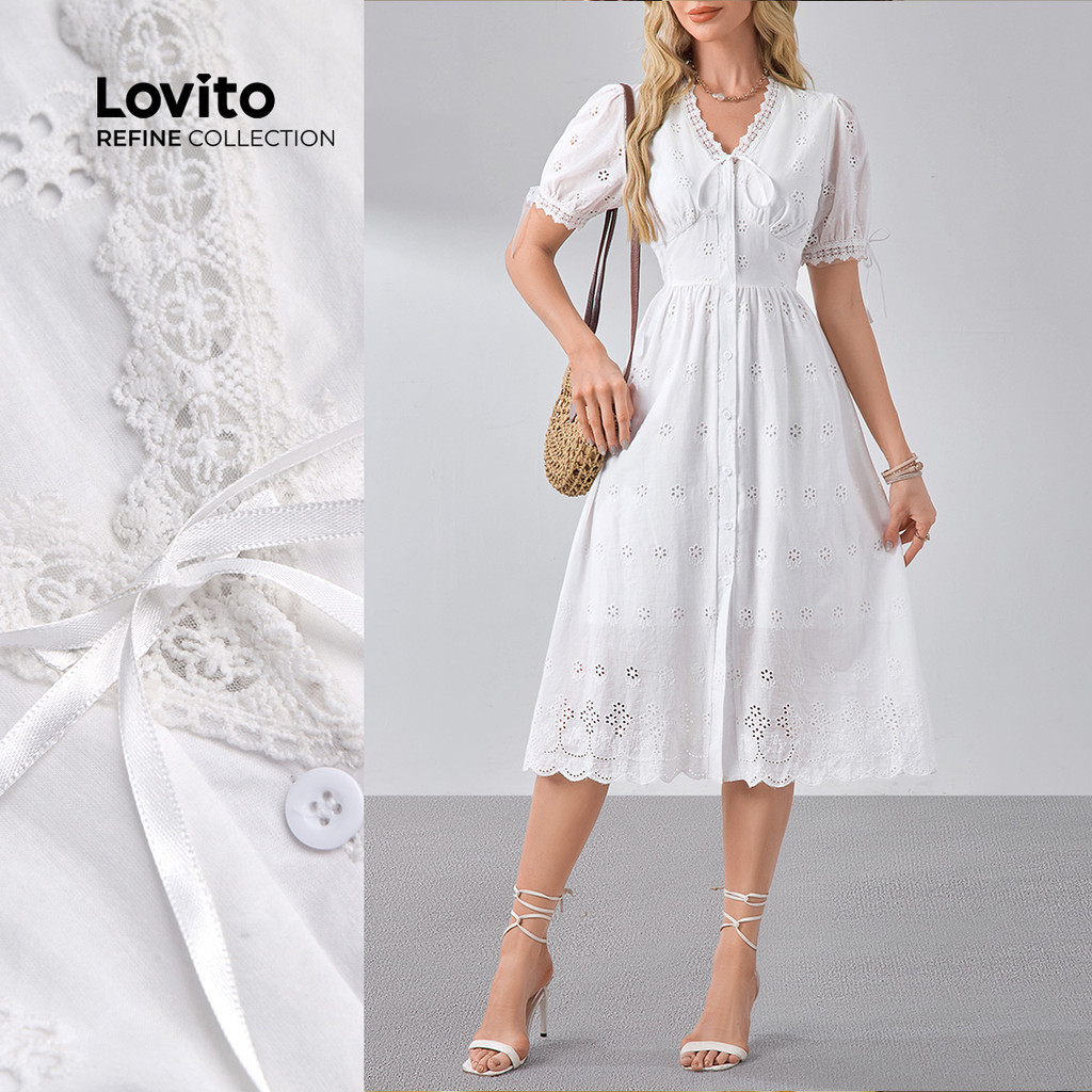 (NEW) (Lovito Refine) Vestido Bordado de Favo de Mel  Amarração  Primavera/verão  Vestido Branco para mulheres LR13L183