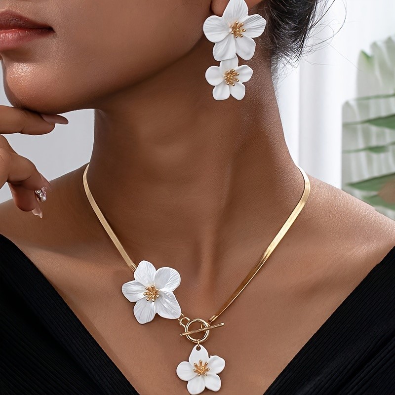 Conjunto De Joias De Metal SENMU , Brincos Delicados De Colar De Flores Estilo Boêmio , Com Pingente Vintage