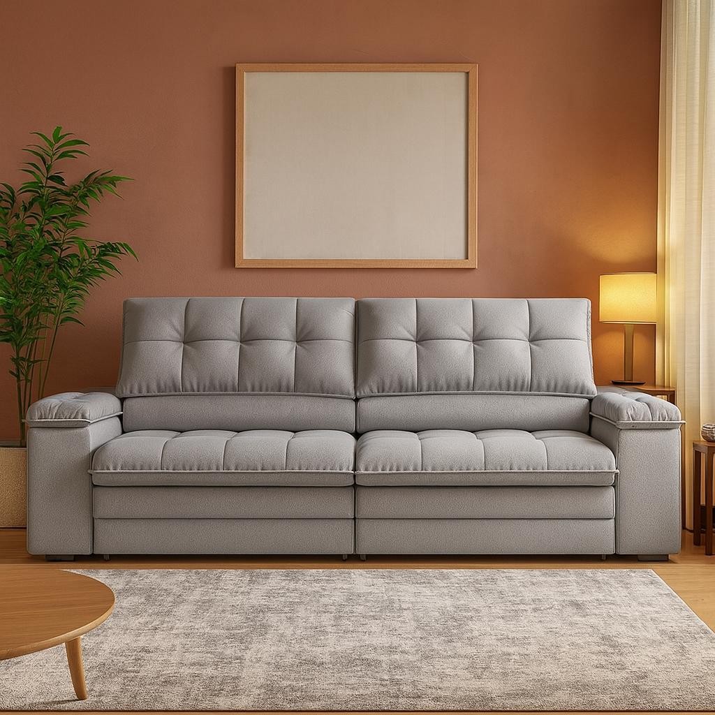 Sofá 3 Lugares Retrátil e Reclinável Helen com USB e Porta-Copos Linho Prata 230 cm em Oferta na Shopee