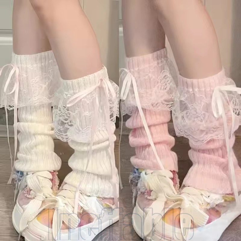 1-4 Pares De Meias Longas De Malha Com Fita De Renda Lolita Y2K-Aquecedores De Pernas Femininos JK Outono Inverno-Estilo