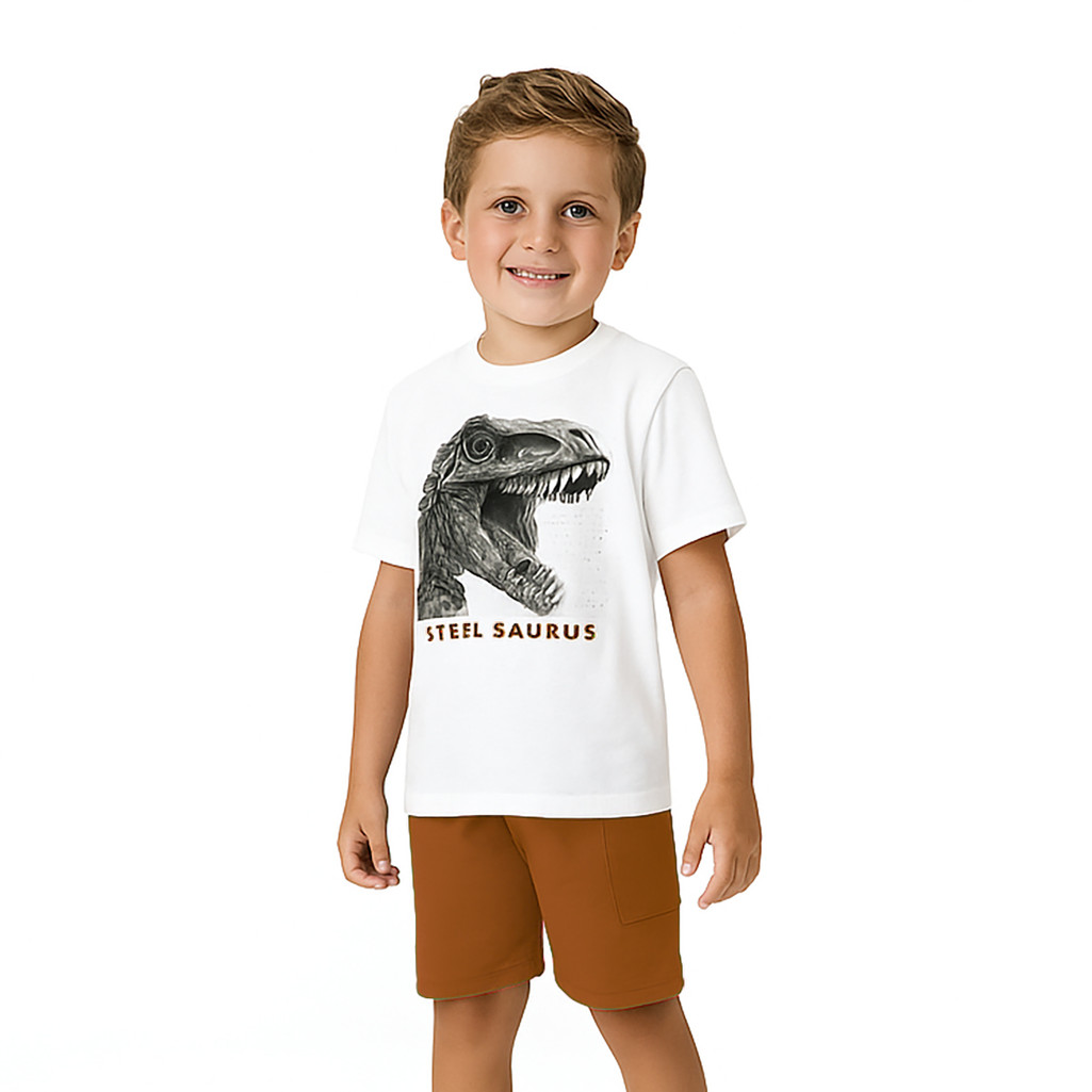 Conjunto Infantil Camiseta Branca Dinossauro Prateado e Bermuda Avelã Kyly