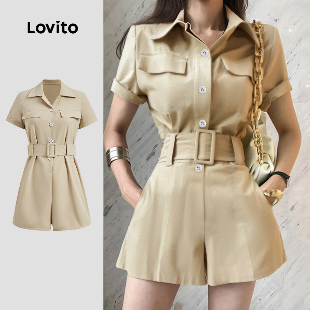 Lovito Macacão Casual liso com bolso falso e botão com cinto para mulheres L123ED187 em Oferta na Shopee