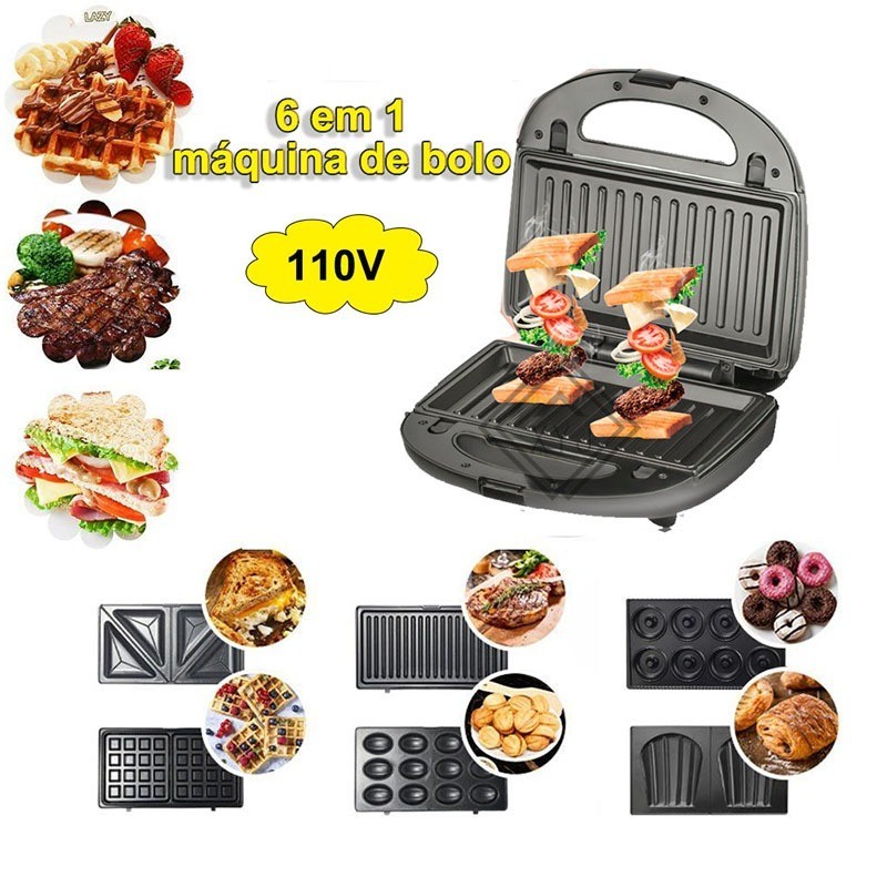 Máquina 6 em 1 Donuts, Torradeira ,Waffles ,Nozes , Sanduicheira e Grill