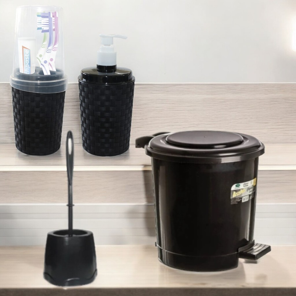 TOALETE LIXEIRA 07 LITROS PEDAL PRETA ESCOVA SANITARIA SUPER REFORÇADA  PORTA ESCOVA PORTA SABONETE LIQUIDO em Oferta na Shopee