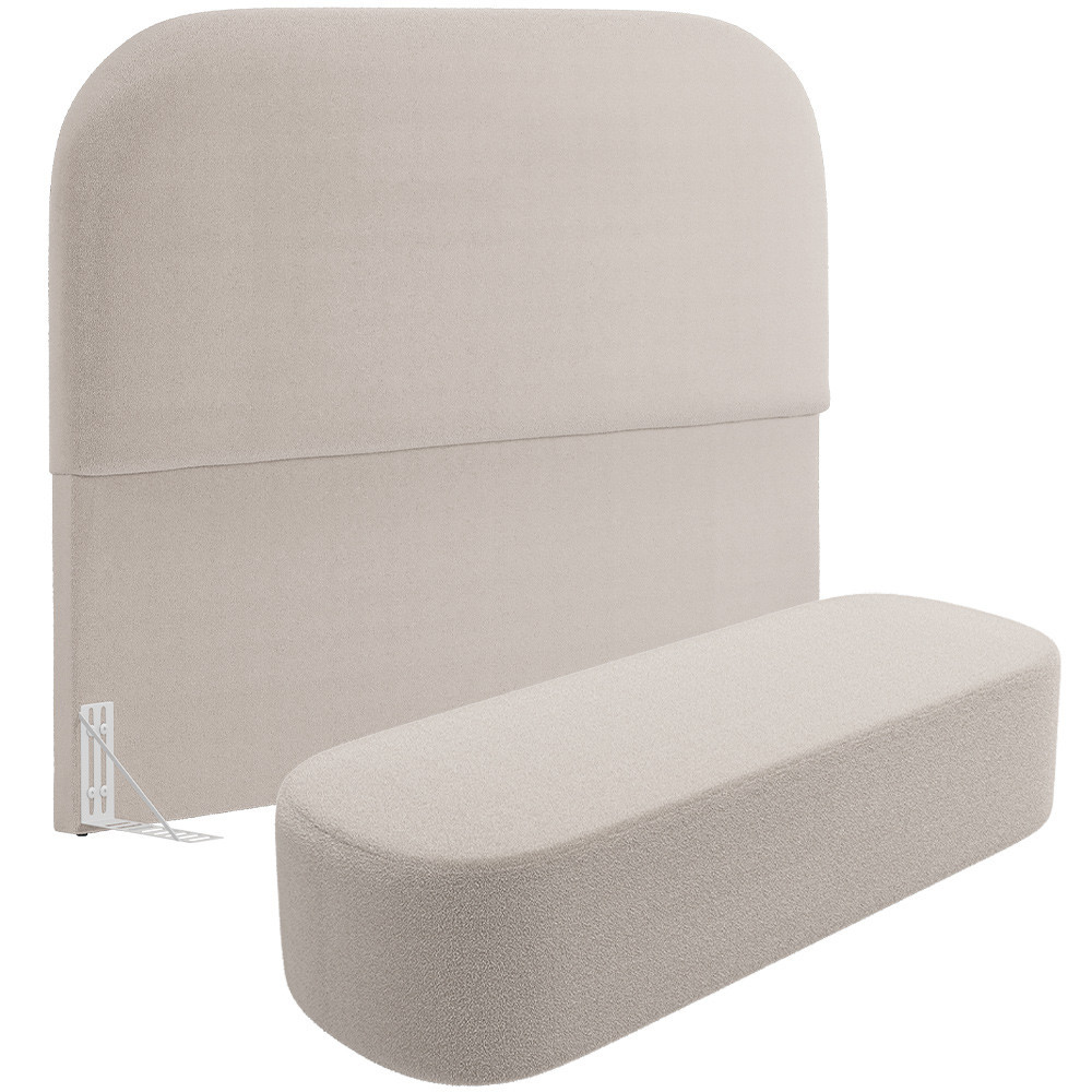 Cabeceira Cama Box Queen 160cm Lanna com Puff Recamier Doha W01 Bouclê Creme - Lyam Decor - Home & Living