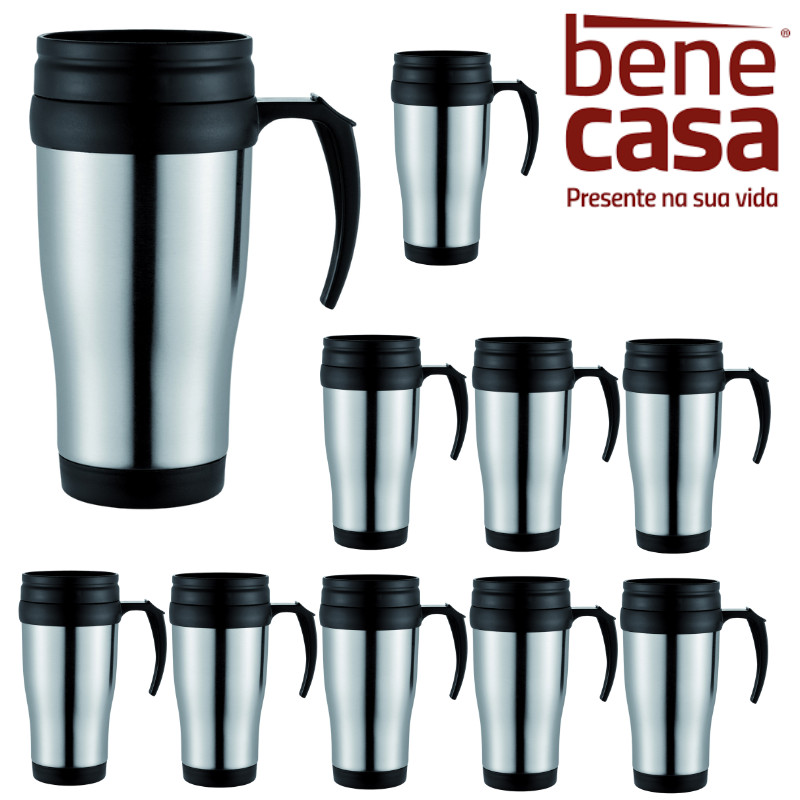 Kit 10 Canecas Inox Plástico Térmica com Tampa e Alça Bena Casa