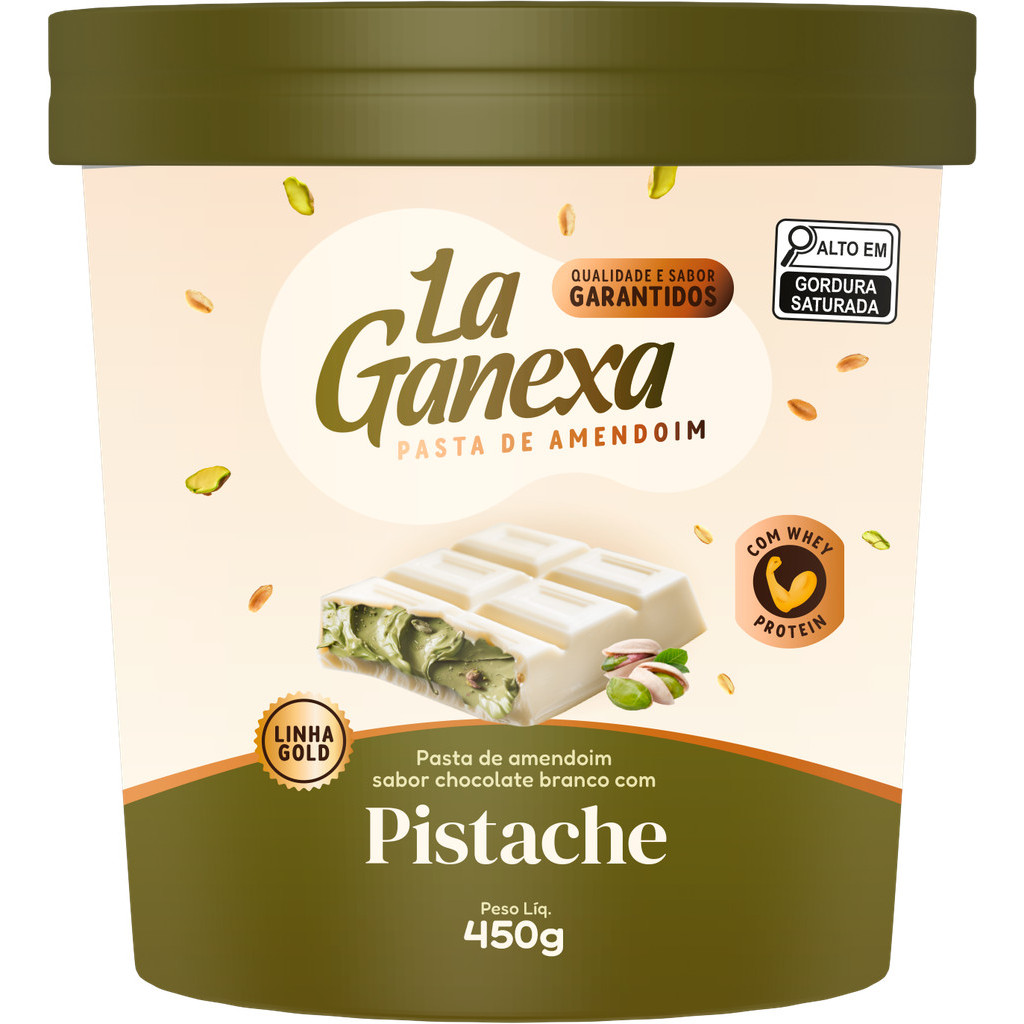 Pasta de Amendoim La Ganexa Pistache e Chocolate Branco Combinada com uma boa Dose de Whey Protein em Oferta na Shopee