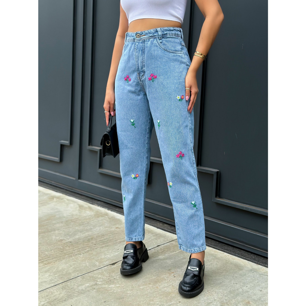 SainaOffece 8047 CALCA JEANS FEMININA CALCA MOM BORDADO 8047