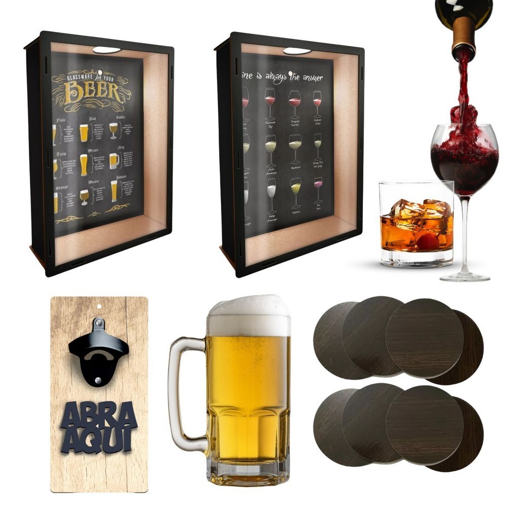Kit Boteco Porta Rolhas, Porta Tampinhas, Abridor, PortaCopo