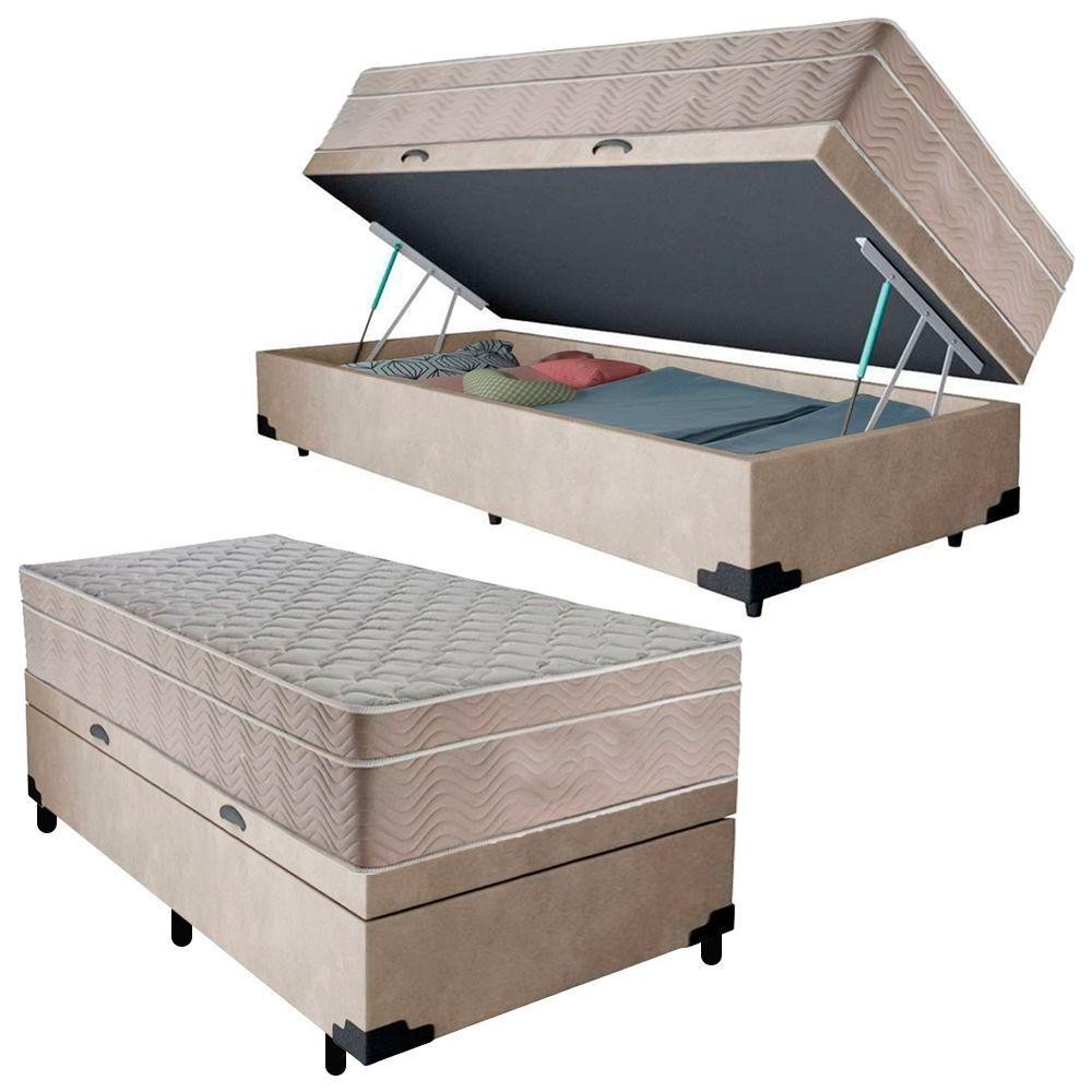 Cama Box Baú Suede Solteiro + Colchão Sereneprime Molas Ensacadas 88x188x69 Cor:bege - Home & Living