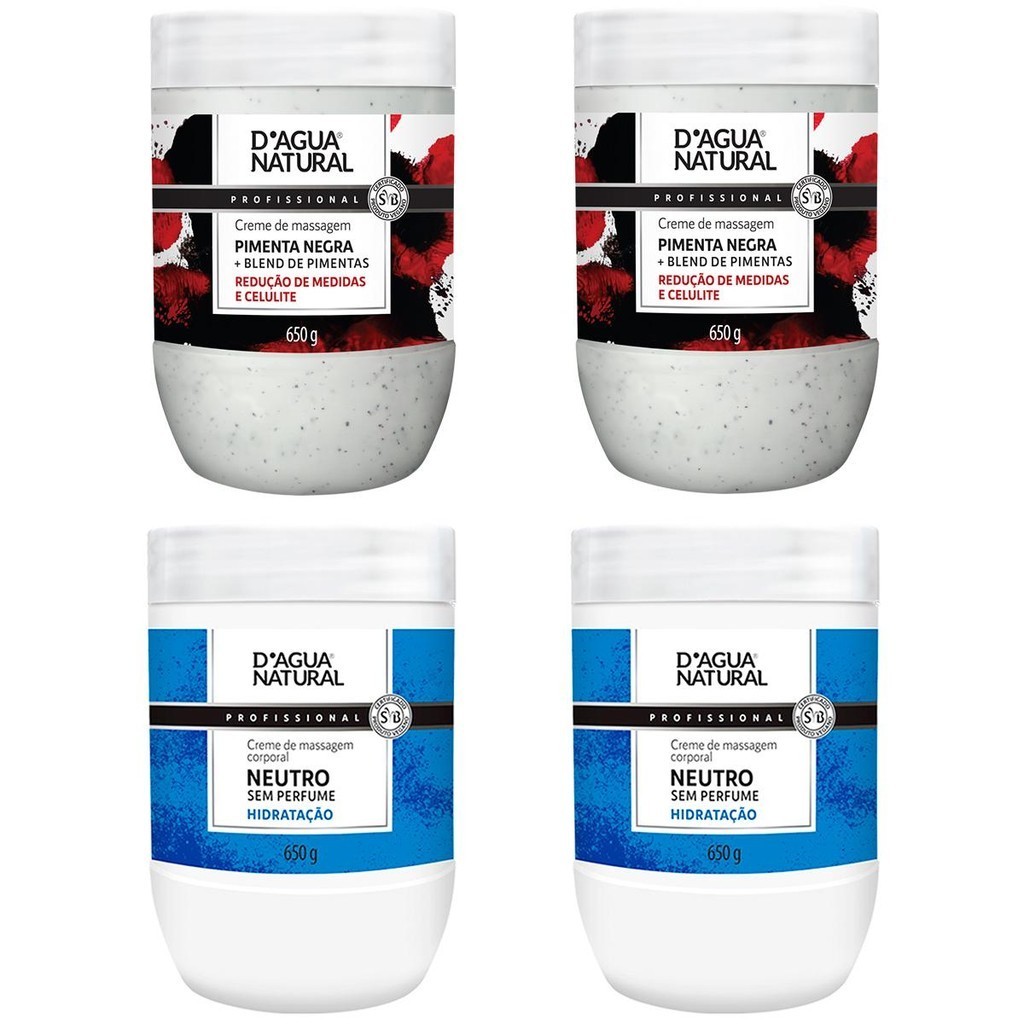 Kit Dagua Natural 2 Potes Creme Massagem Neutro 650g + 2 Potes Creme Redutor Pimenta Negra 650g