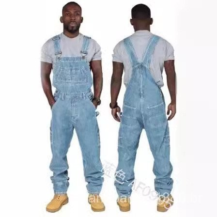 Macacão jeans cargo com suspensório de vários bolsos masculino de cor sólida