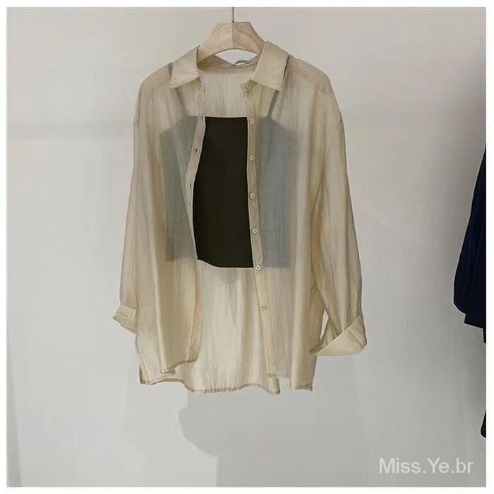 Venda a quente Protetor solar Vestuário Blusa Externa Camisa Placa Coreana Versão Tencel Algodão Pode Ser Abotoado Lateralmente Ligeiramente Transparente Camisa Protetor Solar Mulher 2023 Primavera Verão Solto Camisa de Manga Longa Ar Condicionado Camisa