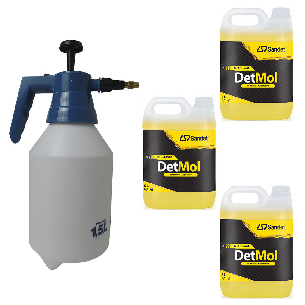 Kit Pulverizador Manual 1,5L + 3 Detergentes Det Mol 5 Litros Limpeza Automotiva Borrachas Londrina