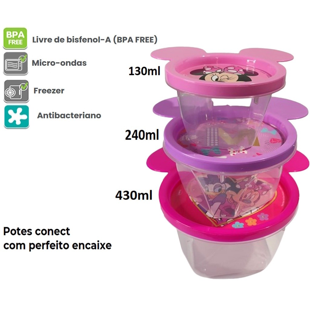 Kit 3 Potes Minnie Plasutil Porta Lanche Infantil Escola