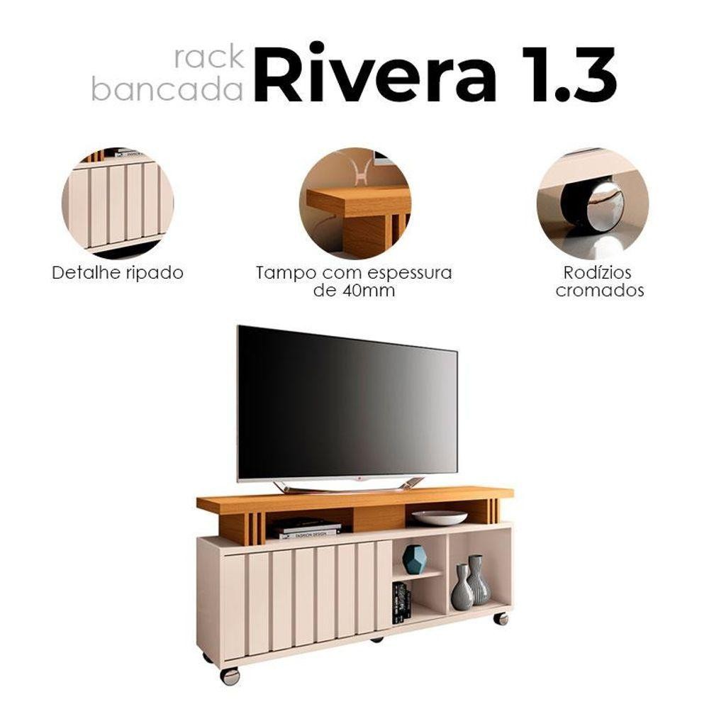 Detalhes do Rack Bancada Para Sala Ambiente Rivera 1.3 Off White Cinamomo - Hb Móveis