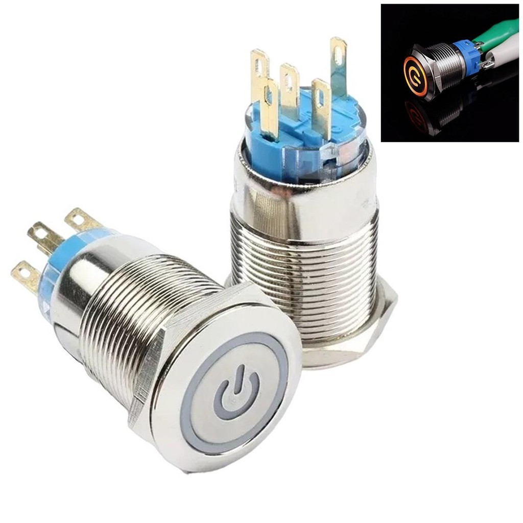 Botão Inox Liga Desliga Start Led 12v 16mm Com Trava Amarelo