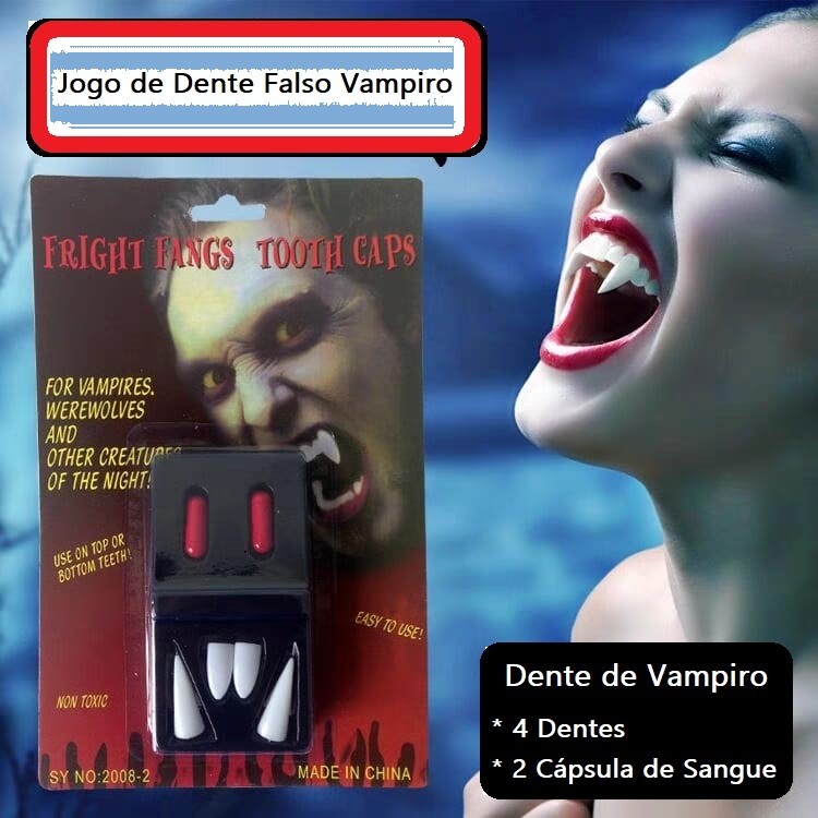 Dente De Vampiro Dentadura Com Sangue Falso Festa Halloween